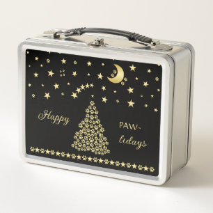 Happy Pawlidays, Gold shiny Paw Christmas tree Metal Lunch Box