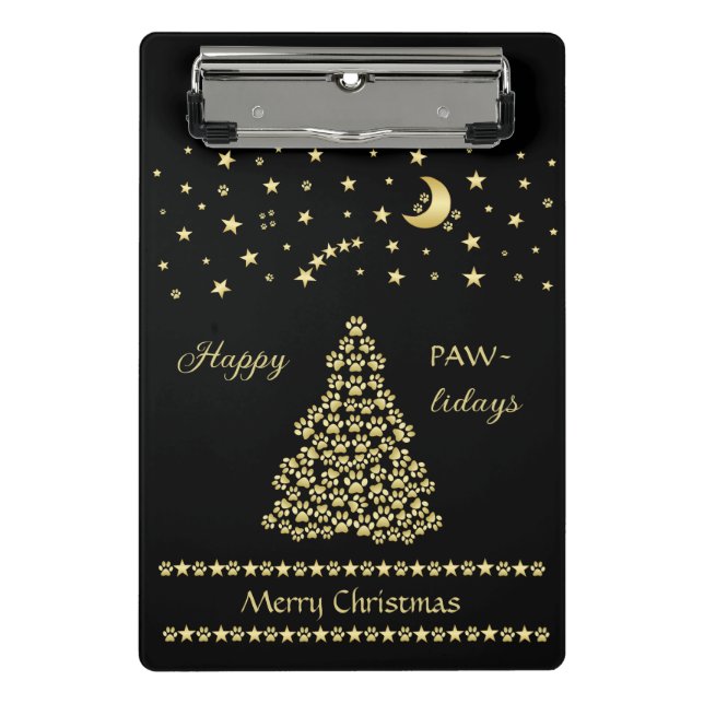 Happy Pawlidays, Gold shiny Paw Christmas tree Mini Clipboard (Front)