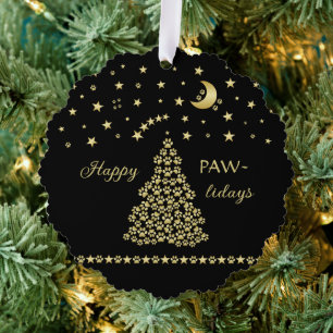 Happy Pawlidays, Gold shiny Paw Christmas tree Ornament Card