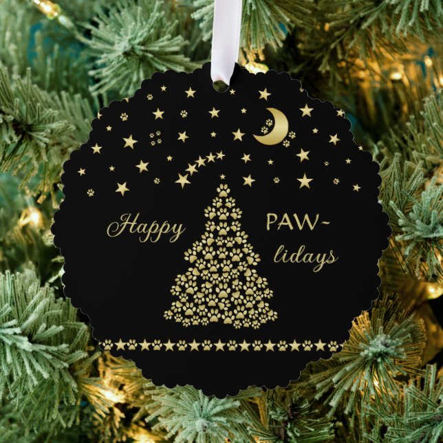 Happy Pawlidays, Gold shiny Paw Christmas tree Ornament Card (Insitu (Tree))