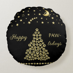 Happy Pawlidays, Gold shiny Paw Christmas tree Round Pillow