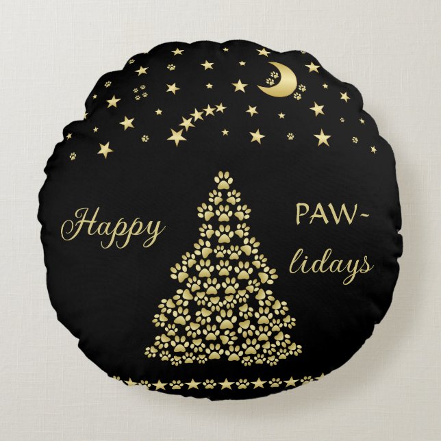 Happy Pawlidays, Gold shiny Paw Christmas tree Round Pillow (Front)