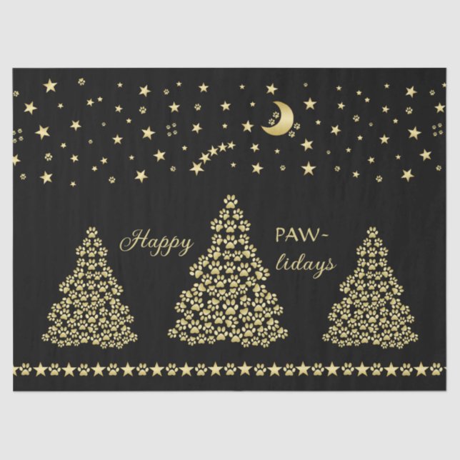 Happy Pawlidays, Gold shiny Paw Christmas tree Tissue Paper (Front)