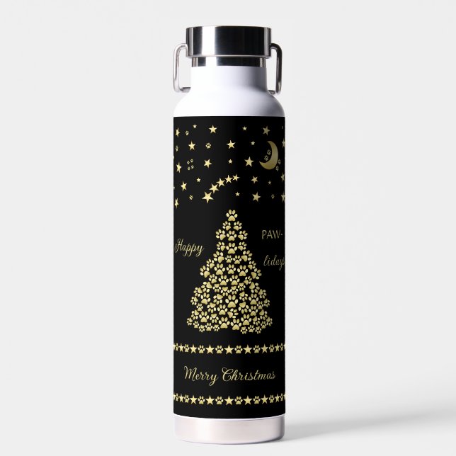 Happy Pawlidays, Gold shiny Paw Christmas tree Water Bottle (Front)