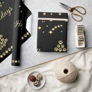 Happy Pawlidays, Gold shiny Paw Christmas tree Wrapping Paper