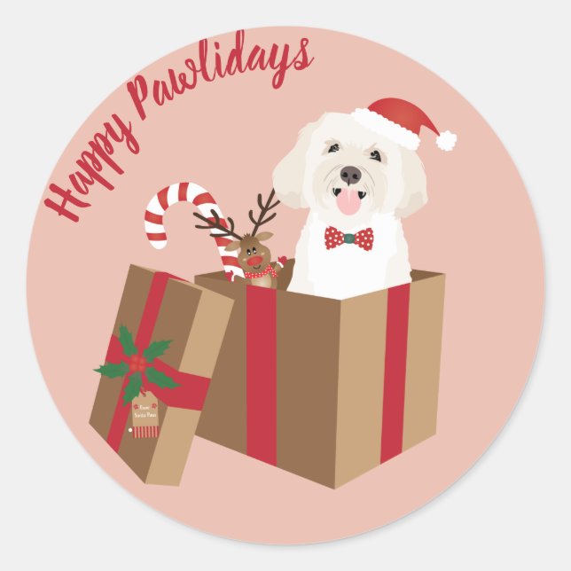 Happy Pawlidays Maltipoo Christmas Present Classic Round Sticker (Front)