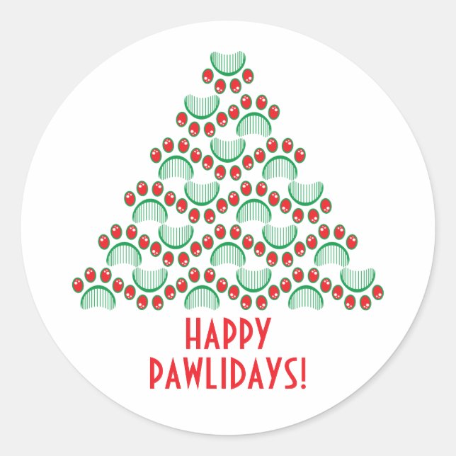 Happy pawlidays, paw print forming Christmas tree Classic Round Sticker (Front)