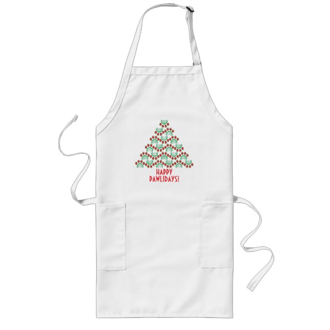 Happy pawlidays, paw print forming Christmas tree Long Apron (Front)