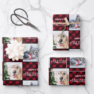 Happy Pawlidays Red Buffalo Plaid Custom 2 Photo Wrapping Paper Sheet
