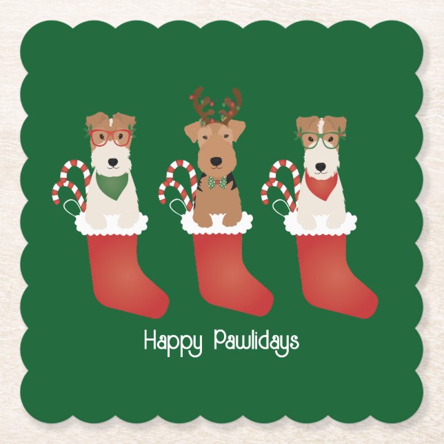 Happy Pawlidays Welsh Wire Fox Terrier Dogs Paper Coaster (Front)