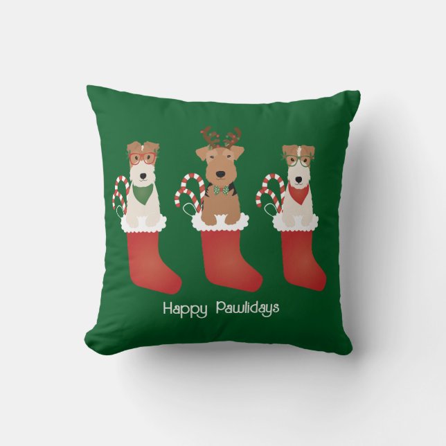 Happy Pawlidays Welsh Wire Fox Terrier Dogs Throw Pillow (Front)