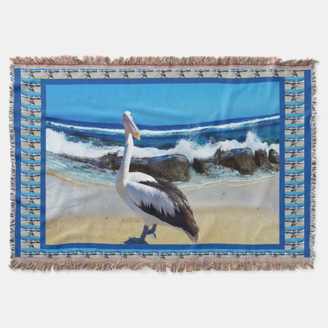 Happy Pelican On The Beach, Throw Blanket (Front)