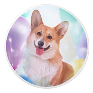 Happy Pembroke Welsh Corgi with Balloons Ceramic Knob