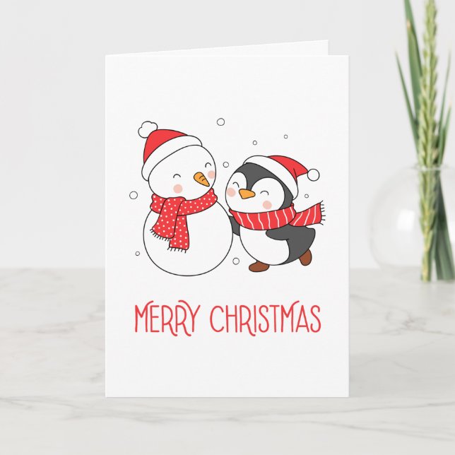 Happy Penguin and Snowman Merry Christmas Holiday Card (Front)