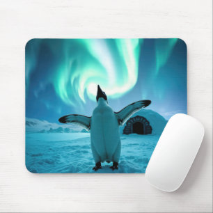 Happy Penguin Dancing Under Northern Lights Mouse Pad