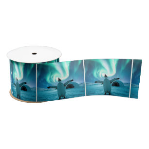 Happy Penguin Dancing Under Northern Lights Satin Ribbon