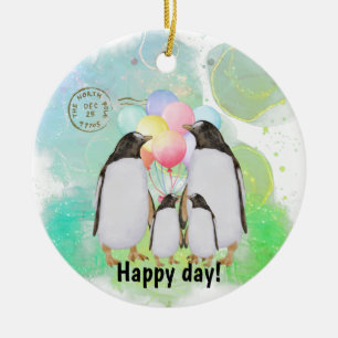 Happy penguin family with colourful balloons ceramic ornament