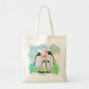 happy penguin family with colourful balloons tote bag