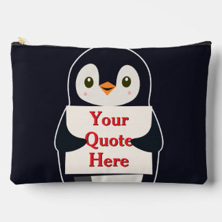 Happy penguin holding a sign to personalize accessory pouch