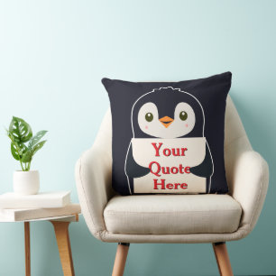 Happy penguin holding a sign to personalize throw pillow