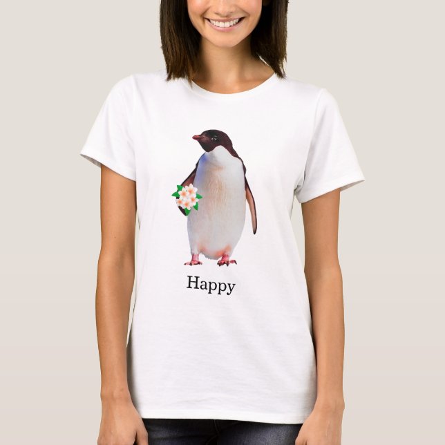 Happy Penguin Holding Flowers T-Shirt (Front)