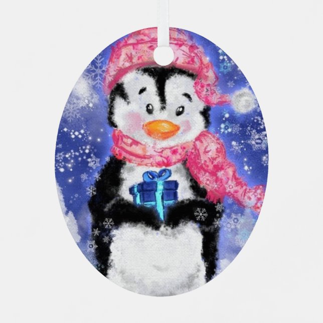 Happy Penguin - Merry Christmas - Cute - Metal Ornament (Back)