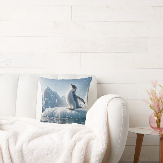 Happy Penguin On An Iceberg Throw Pillow (Couch)