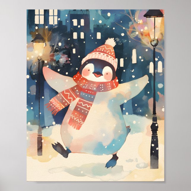 Happy Penguin – Winter Watercolor Nursery Wall Art (Front)
