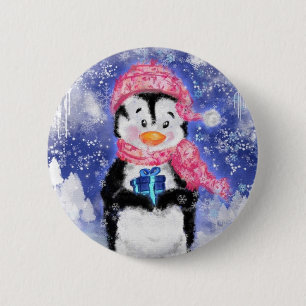 Happy Penguin with Gift Christmas Button