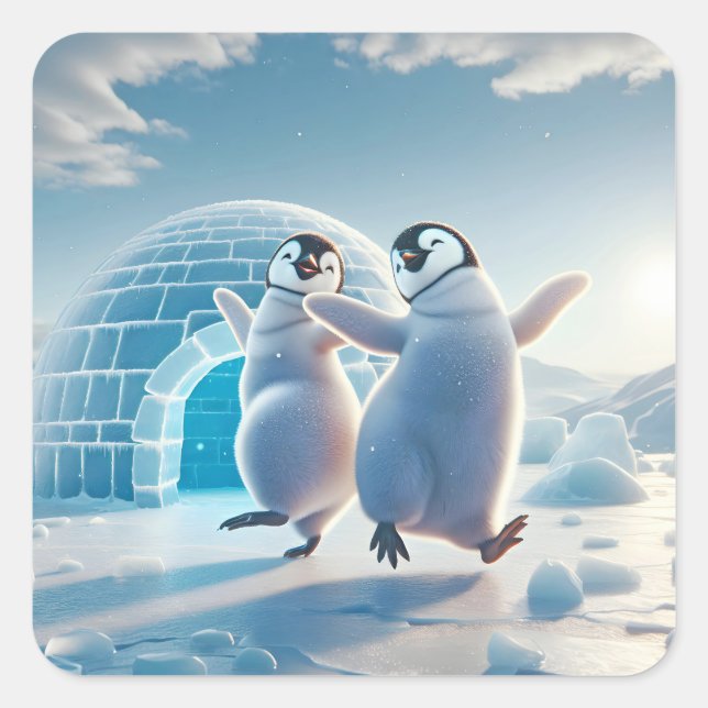 Happy Penguins Dancing Square Sticker (Front)