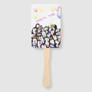 Happy Penguins Party Cartoon Drawing - Cute Funny  Hand Fan