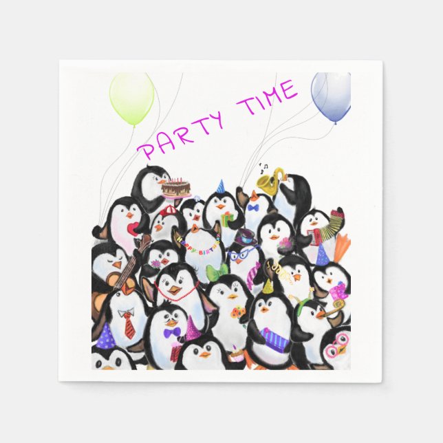 Happy Penguins Party Cartoon Drawing - Cute Funny  Napkin (Front)