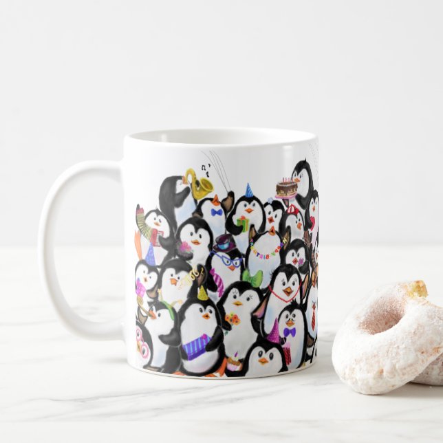 Happy Penguins Party Coffee Mug Cartoon (With Donut)