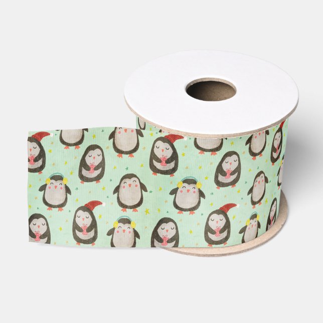 Happy Penguins Wearing Santa Hats w/Ear Muffs Grosgrain Ribbon (Spool)