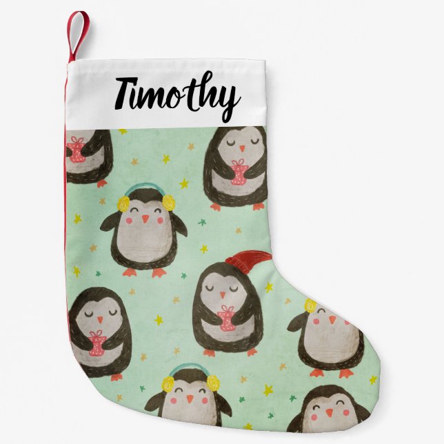 Happy Penguins Wearing Santa Hats w/Ear Muffs Small Christmas Stocking (Front)