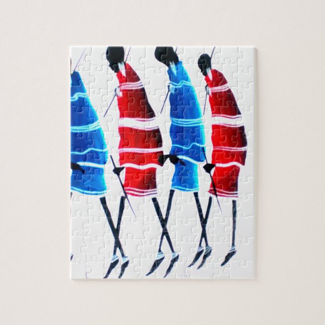 Happy People Maasai Warriors Walking Art Print Jigsaw Puzzle (Vertical)