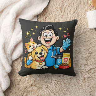 Happy Pet Care Mascot Cute Animal Cartoon Art Throw Pillow
