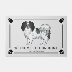 Happy Phalène Dog With Black Custom Welcome Text Doormat