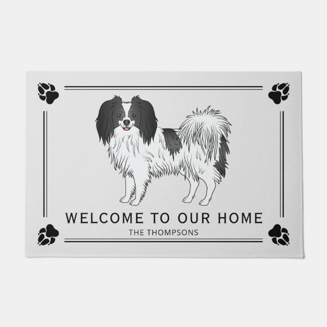 Happy Phalène Dog With Black Custom Welcome Text Doormat (Front)