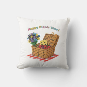 Happy Picnic Time! Cute Kawaii Food & Flowers  Throw Pillow