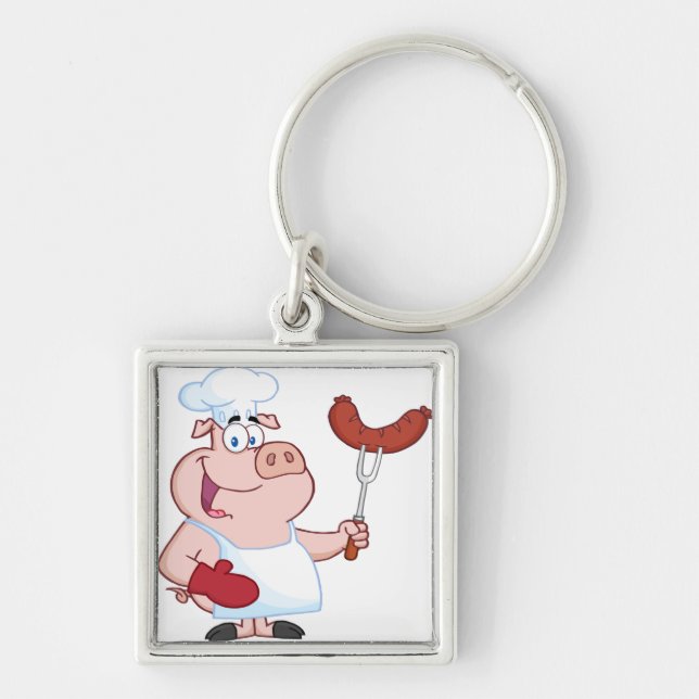 Happy Pig Chef  With Sausage Fork Keychain (Front)