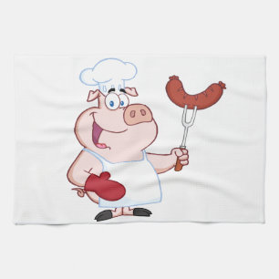 Happy Pig Chef  With Sausage Fork Kitchen Towel