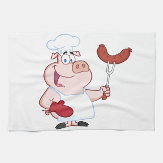Happy Pig Chef  With Sausage Fork Kitchen Towel