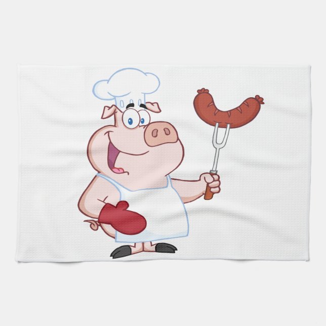 Happy Pig Chef  With Sausage Fork Kitchen Towel (Horizontal)