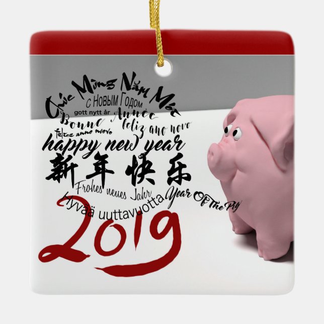 Happy PIg New Year 2019 personalized Square O Ceramic Ornament (Front)