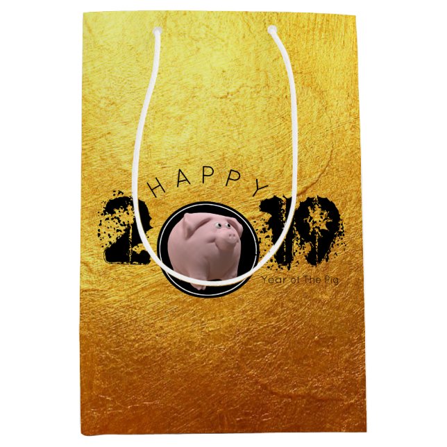 Happy PIg Year 2019 Original 3D gold M Gift Bag 2 (Front)