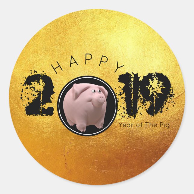 Happy PIg Year 2019 Original 3D golden 2 Round S Classic Round Sticker (Front)