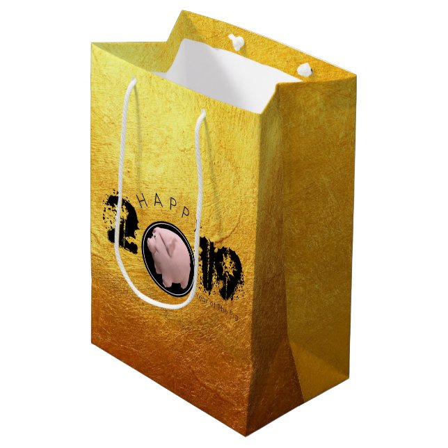 Happy PIg Year 2019 Original 3D golden M Gift Bag (Front Angled)