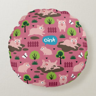 Happy Piglets In The Mud Round Pillow