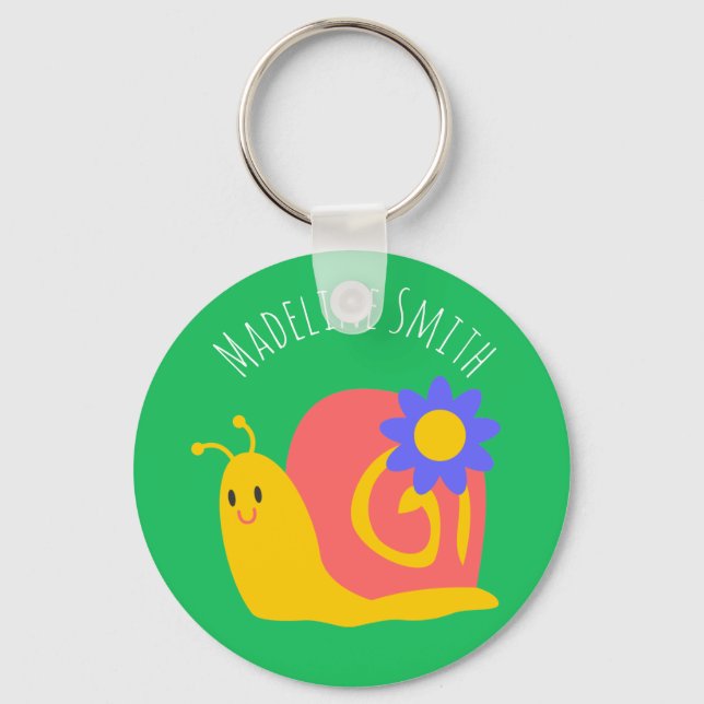 Happy pink and green snail keychain (Front)